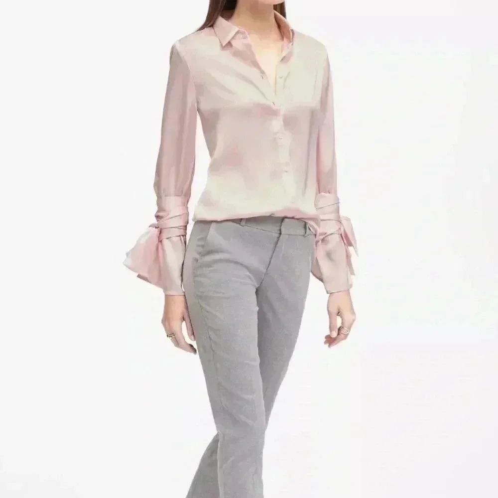 [S] BANANA REPUBLIC Dillon Shirt Pink Button Front Blouse  L/S bell tie sleeves